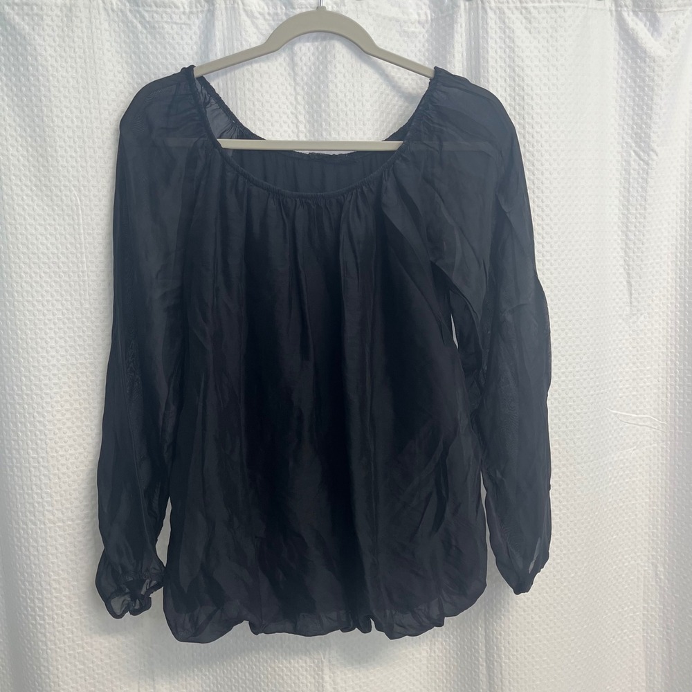 Black Silk Blend Sheer Peasant Blouse Long Sleeve Scoop Neck Balloon Hem Italy
